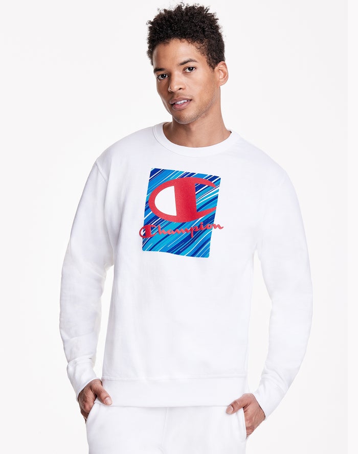 Champion Mens Sweatshirt NZ - Powerblend Fleece Crew Inset Rectangle Logo  White ( 2083-JKBWX )